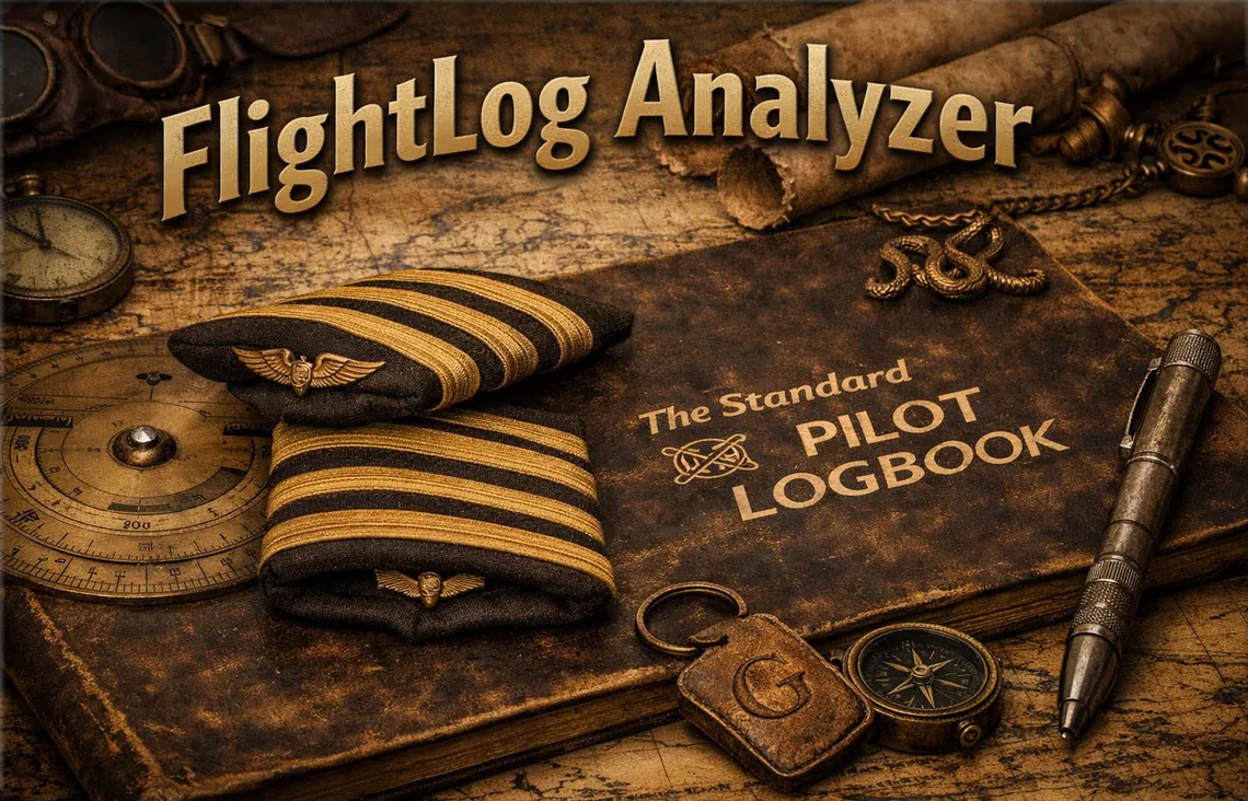 Arte do Flight Log Analyzer: diário de bordo de piloto, dragonas e instrumentos de navegação antigos.