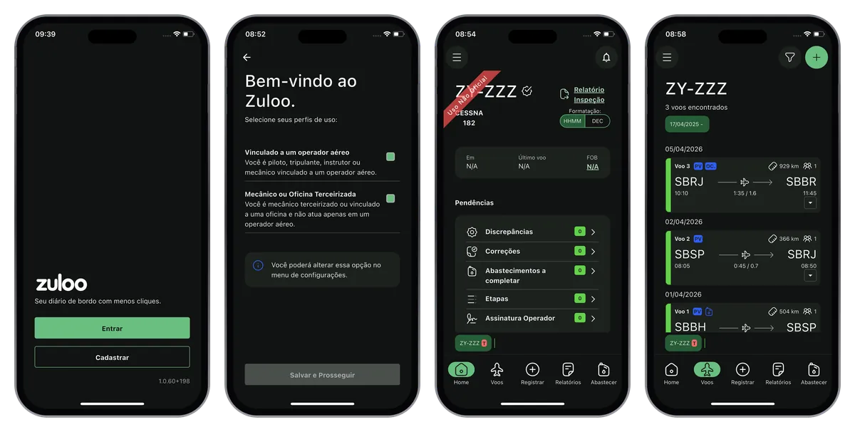 Quatro telas do app Zuloo: login, boas-vindas, painel da aeronave e lista de voos.